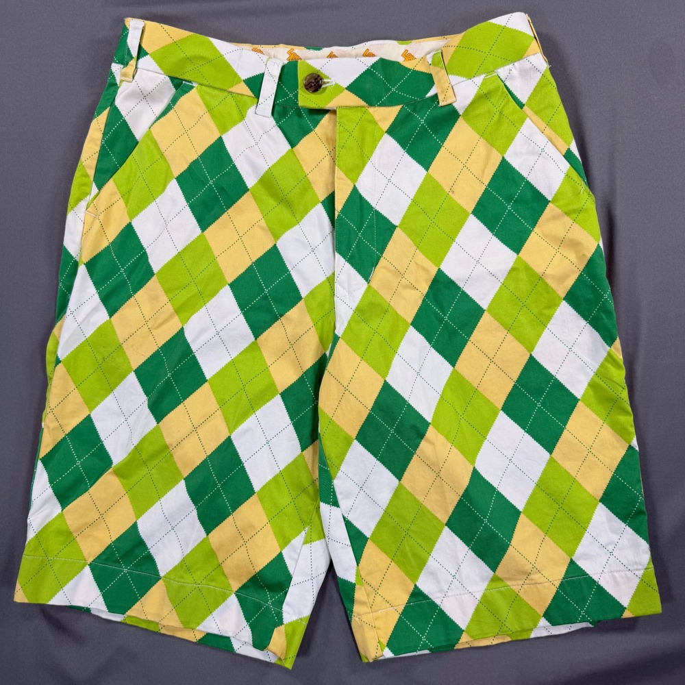 Loudmouth Golf Argyle Shorts Mens 32 Green Yellow Plaid Cotton Stretch Golf